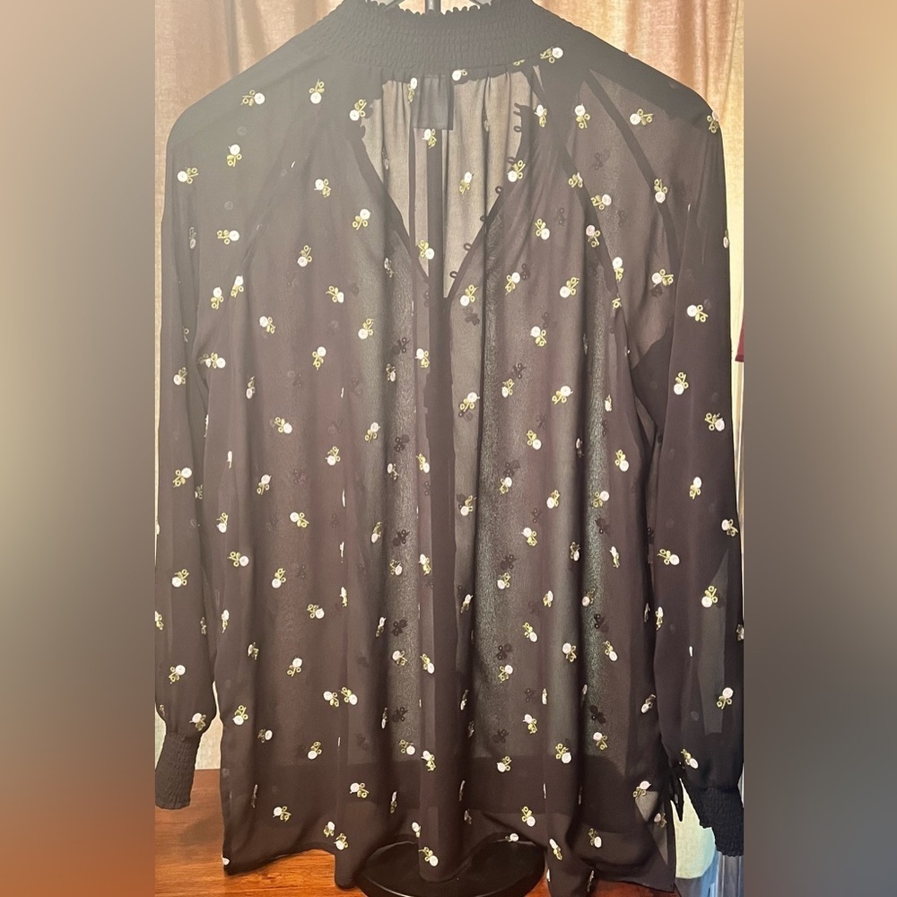 EUC Cabi Sheer Black Floral Smocked Neck Women's Blouse Small - Picture 8 of 9